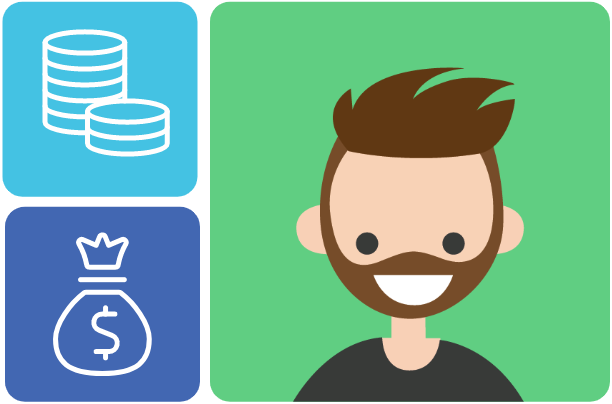 Coins, money bag, and happy person.